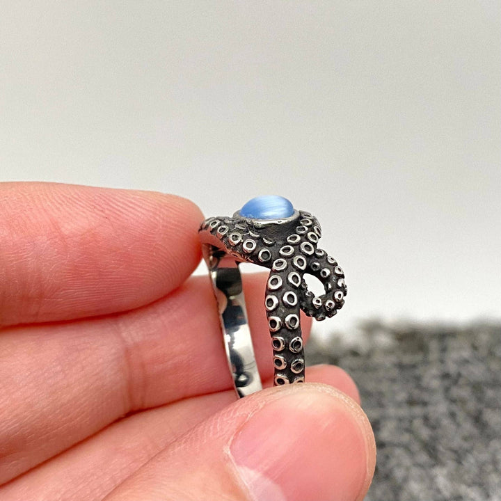 Blue gemstone octopus tentacle stainless steel ring with coastal boho charm