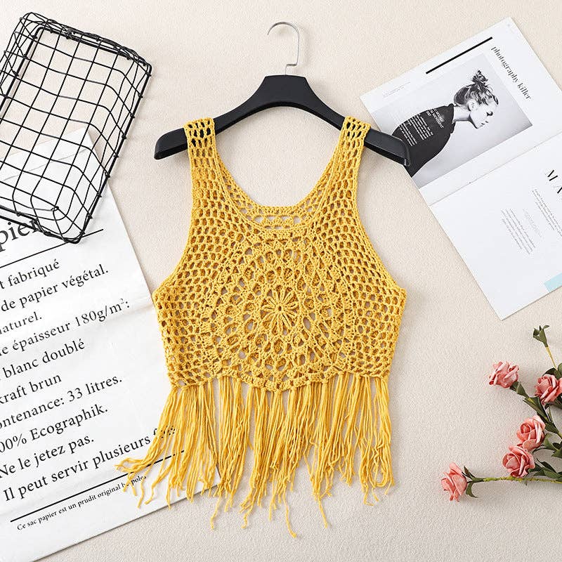 Vintage Bohemian Crochet Fringe Tank Top with coastal boho summer style