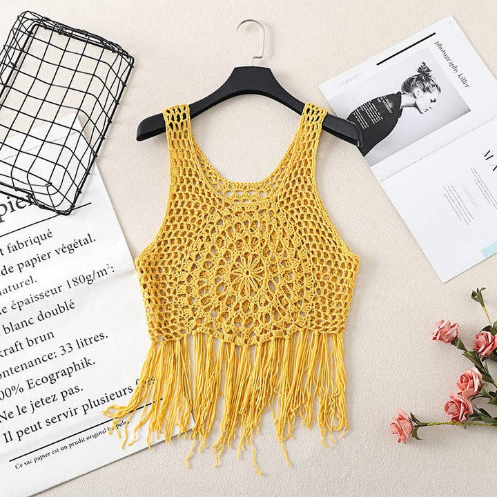 Vintage Bohemian Crochet Fringe Tank Top with coastal boho summer style