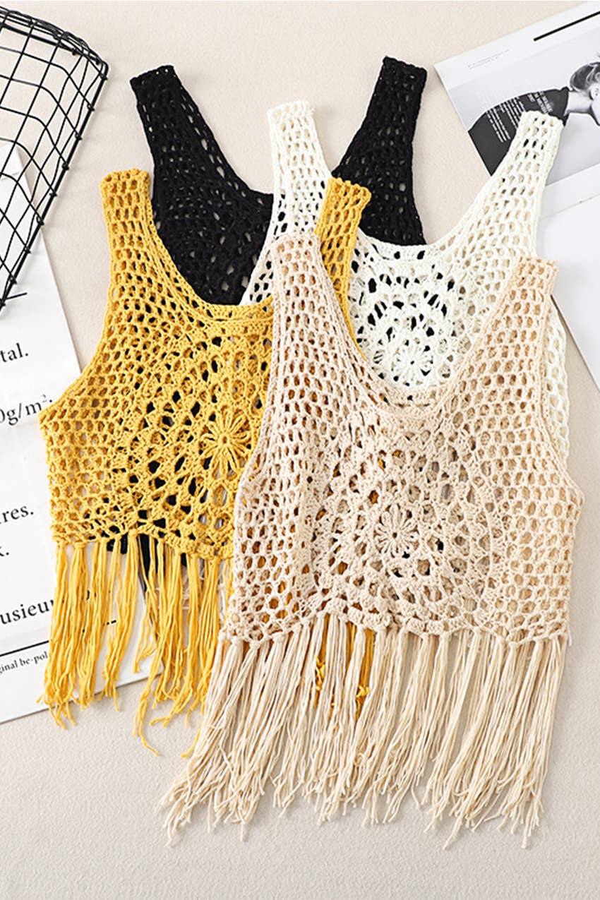 Boho Crochet Knit Fringe Tank Top Cover Up