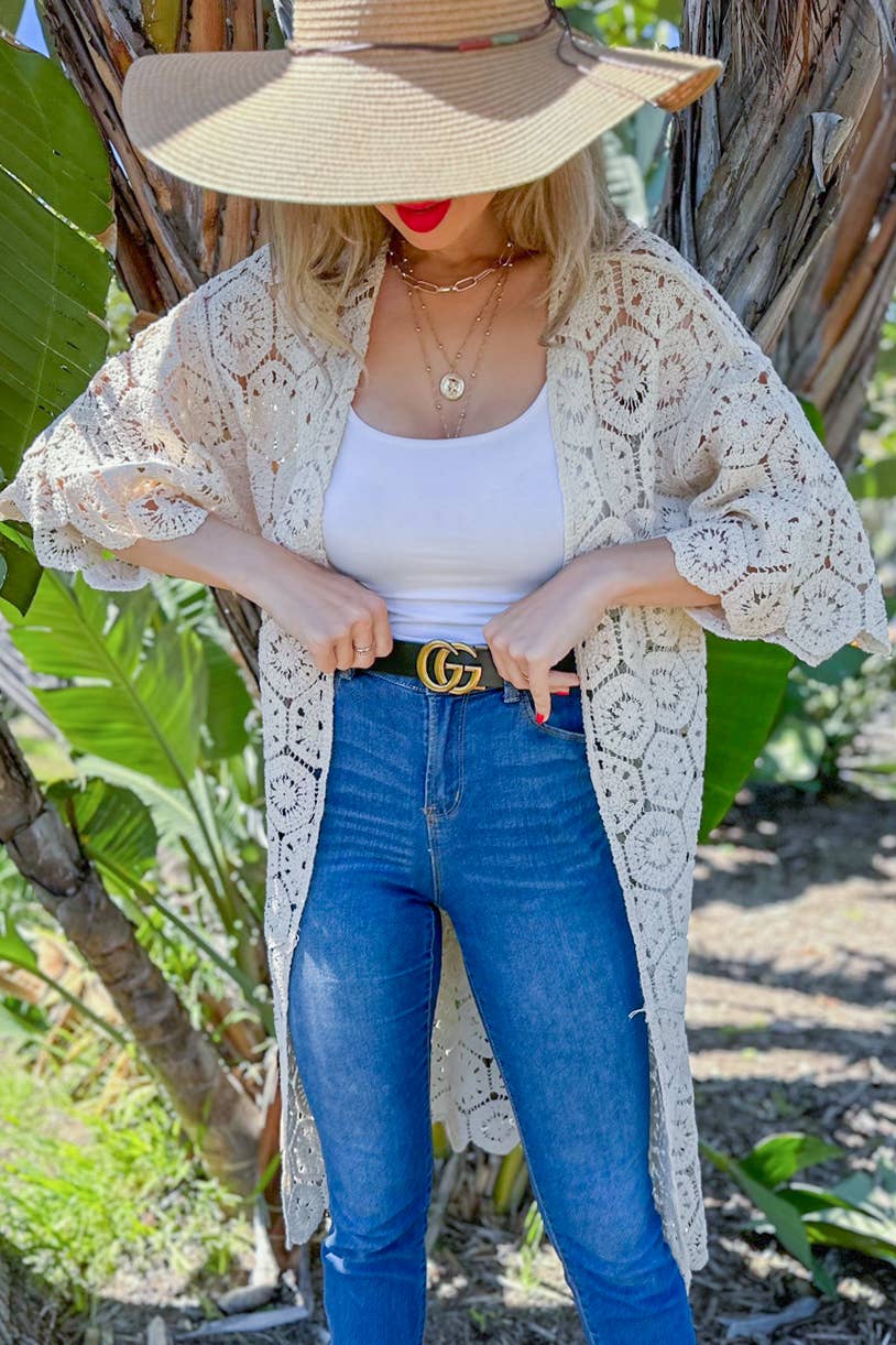 Ivory hexagon crochet maxi kimono with scalloped edges for coastal boho style