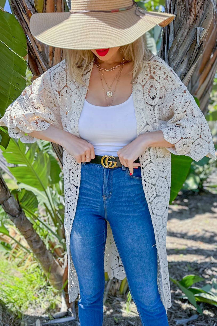 Ivory hexagon crochet maxi kimono with scalloped edges for coastal boho style