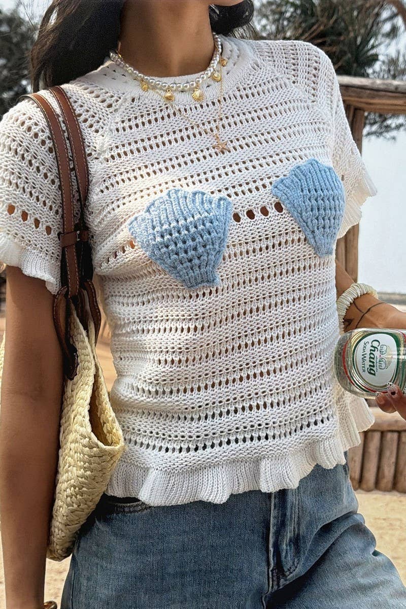 Knit Shell Beach Short-Sleeve Top in breezy openwork knit for coastal boho style
