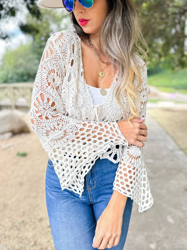 Ivory floral open front long sleeve crochet cardigan with boho coastal charm
