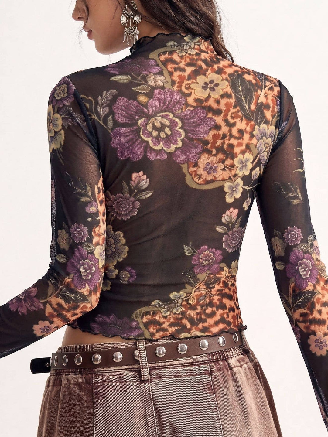 Vintage Floral Print Mesh Long Sleeve Slim Fit Top