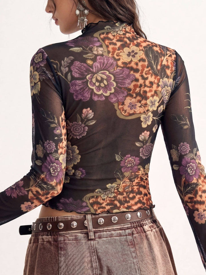 Vintage Floral Print Mesh Long Sleeve Slim Fit Top