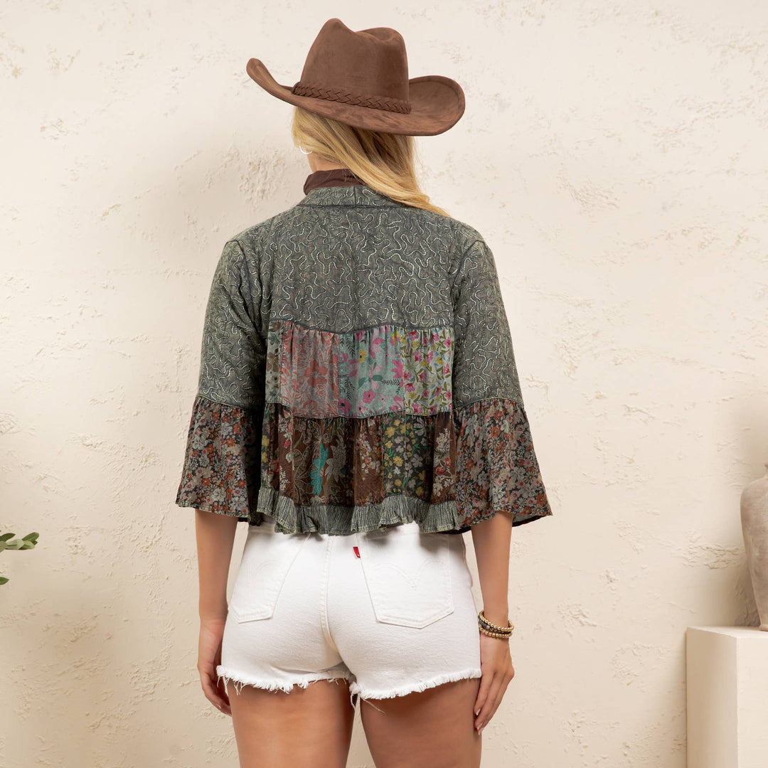 Lapel Detail Cropped Jacket with Handcrafted Embroidery