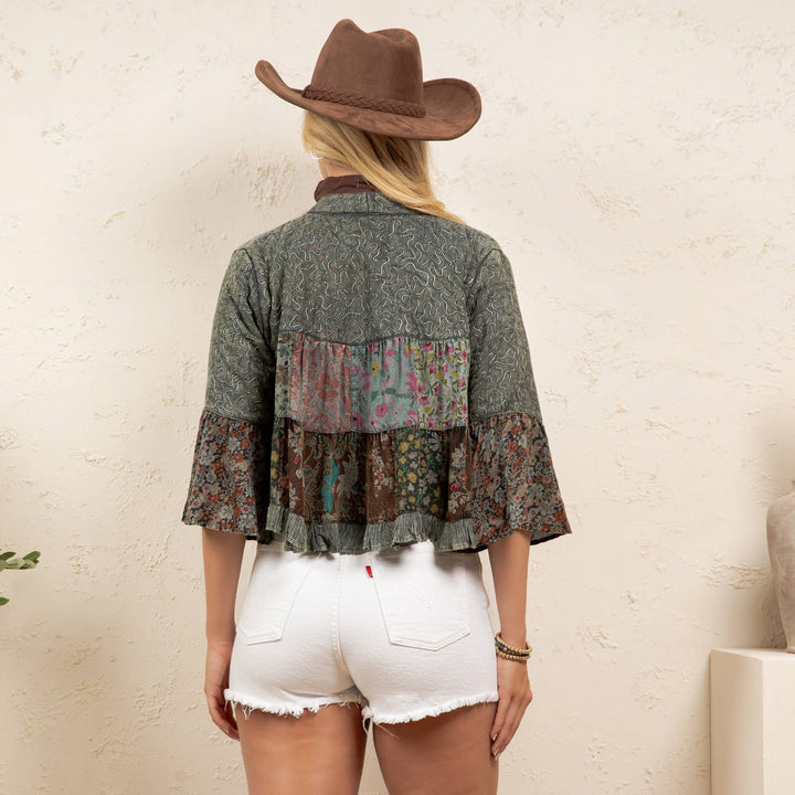 Lapel Detail Cropped Jacket with Handcrafted Embroidery