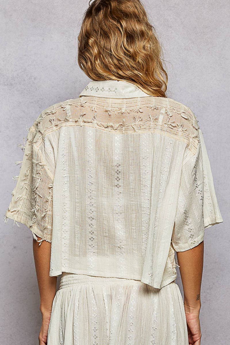 Boho Fringe Shell Bead Shirt Top with woven cotton and coastal handcrafted detail