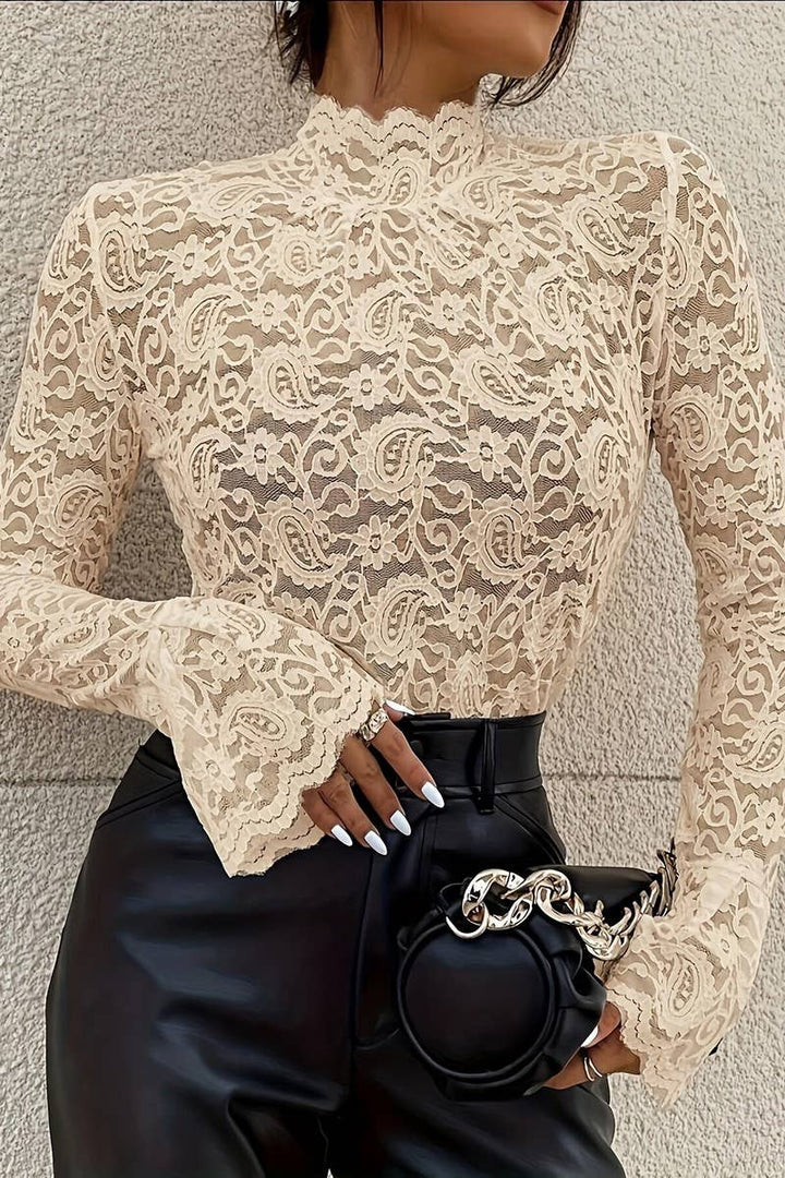 Half Turtleneck Lace Trumpet Sleeve Top with flowy boho coastal romantic style