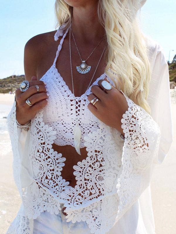 White Lace Sleeve Eagle Print Beach Cardigan bohemian kimono cover-up coastal boho style