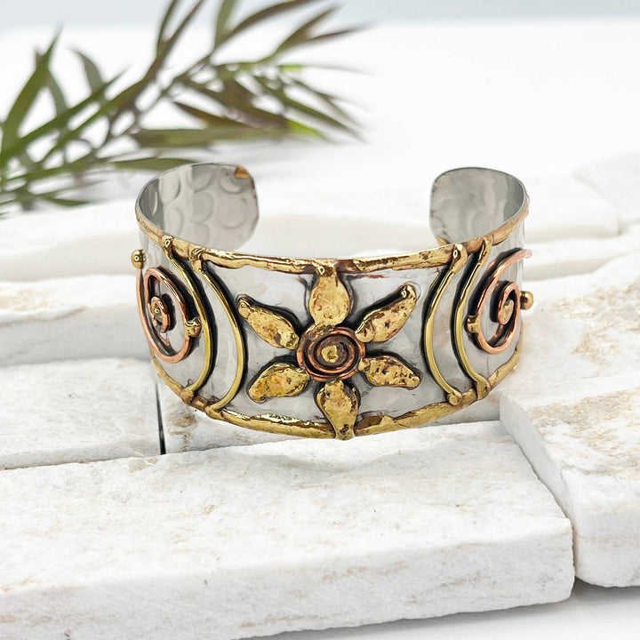 Handcrafted Mixed Metal Cuff Flower Spiral boho bracelet with coastal artisan charm