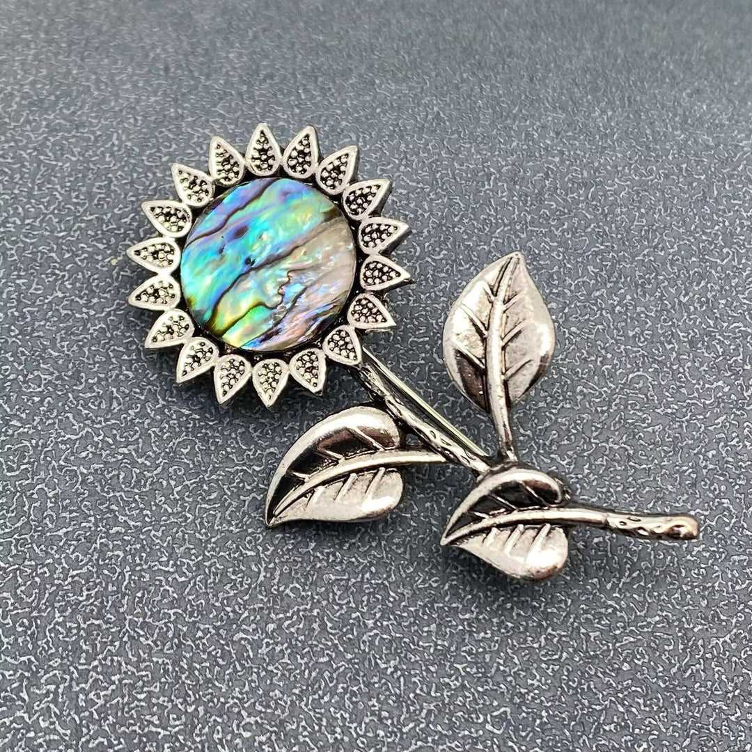 Abalone Shell Silver Tone Sunflower Brooch