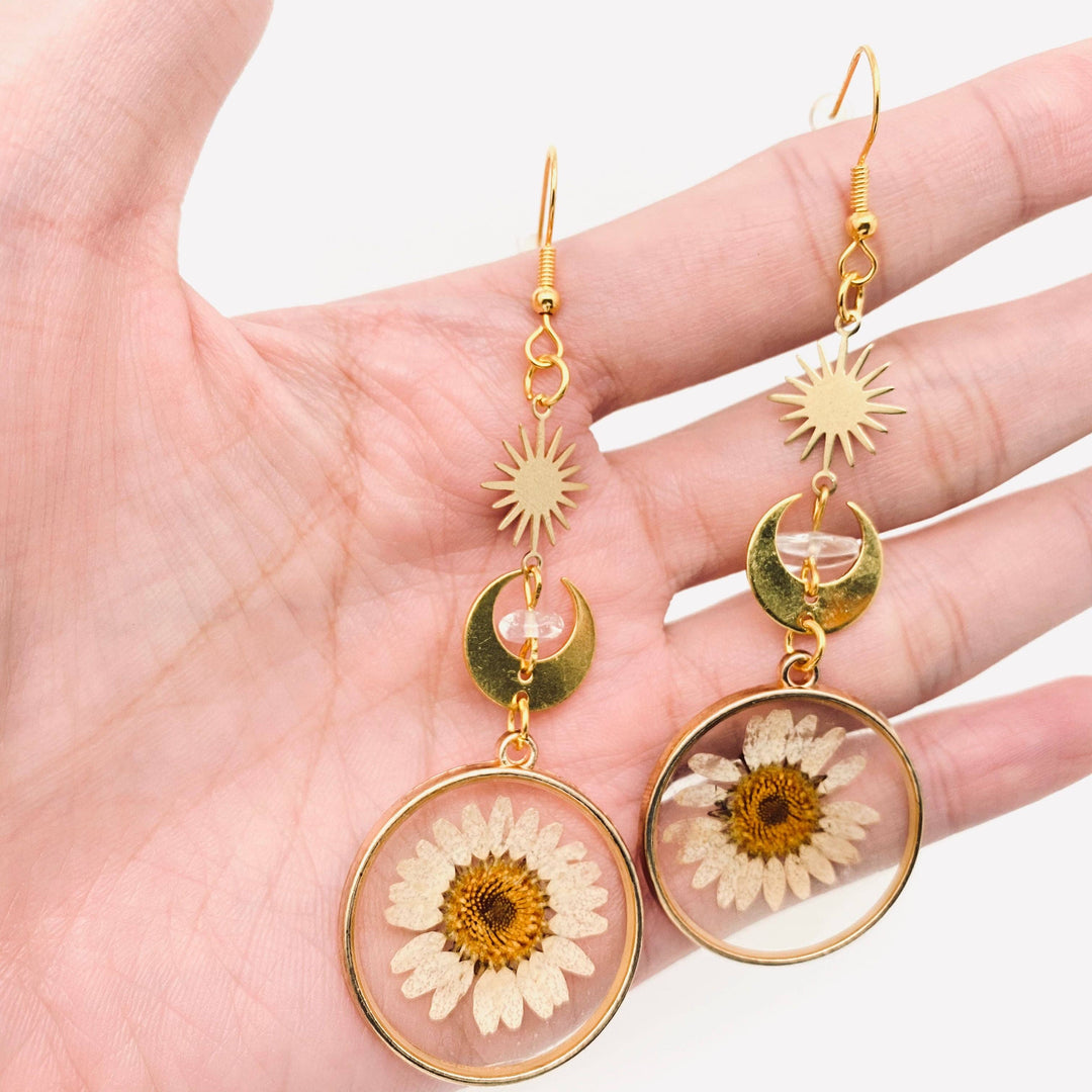 Sun Moon Transparent Daisy Earrings with boho coastal charm from Anchored Soul
