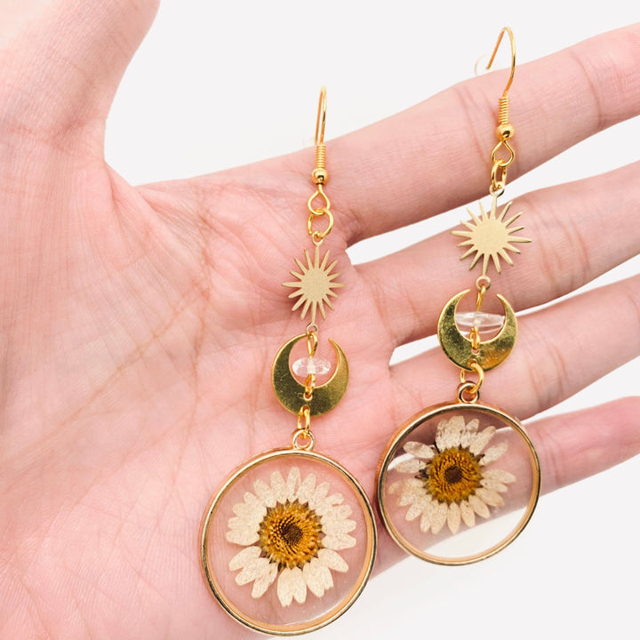 Sun Moon Transparent Daisy Earrings with boho coastal charm from Anchored Soul