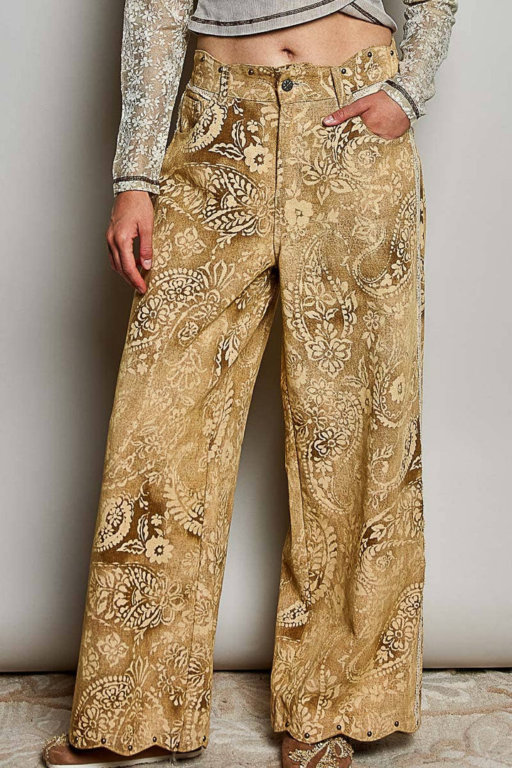 Floral Vintage Washed Raw Edge Elastic Waist Pants
