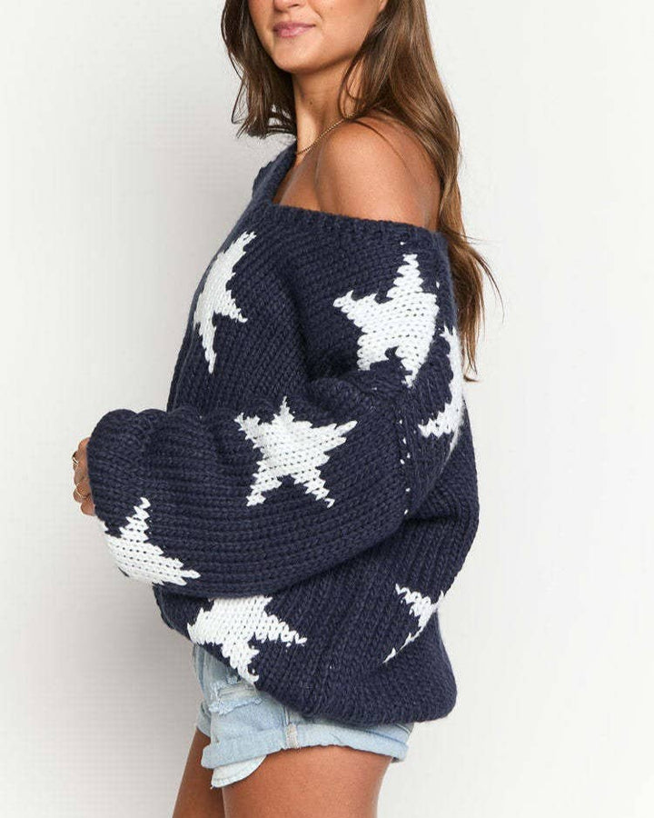 Vintage V-Neck Star Knitted Sweater in cozy coastal boho style for women