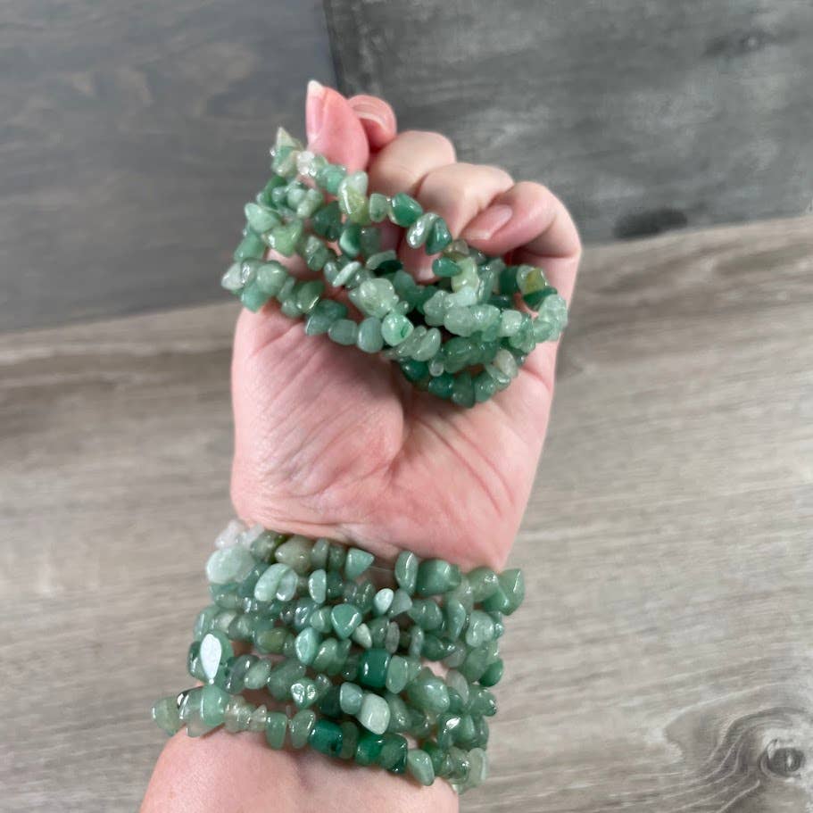 Healing Crystal Chip Bracelets with amethyst and rose quartz for coastal boho style
