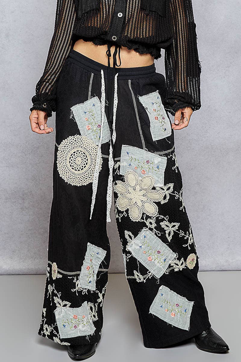Lace Patch Detail Woven Pants