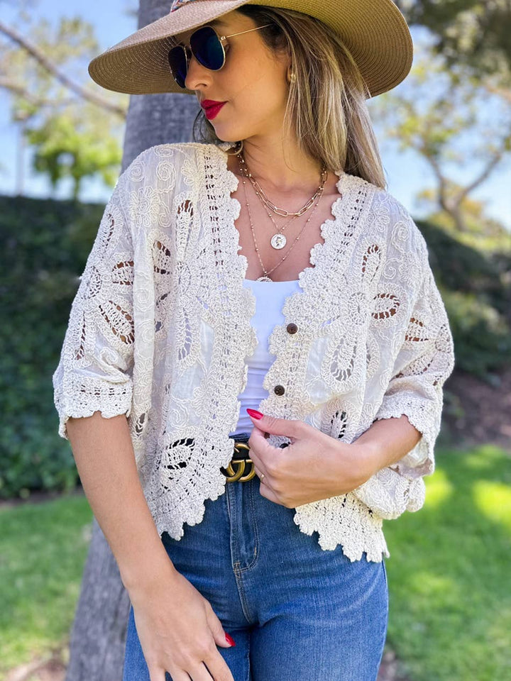 Floral Crochet Button Down Cardigan with Dolman Sleeves