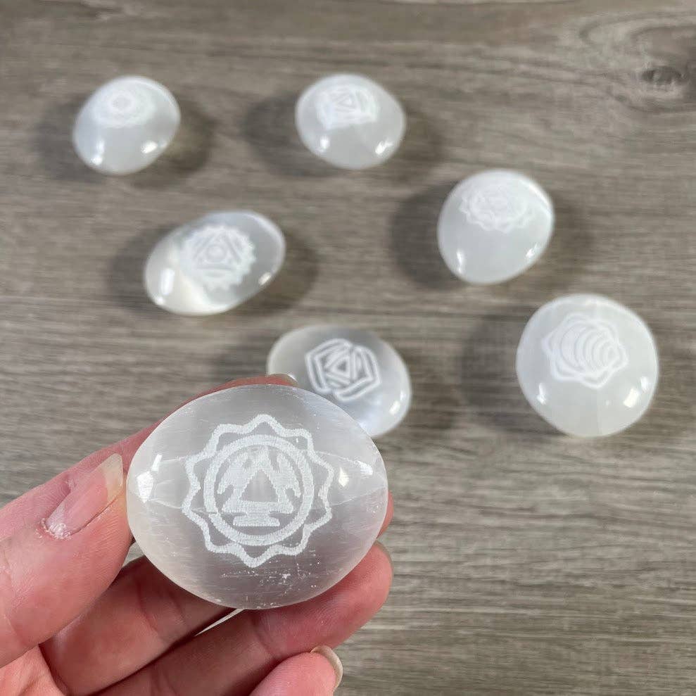 Selenite Small Palm Stones – Etched Chakra Symbols | Set of 7