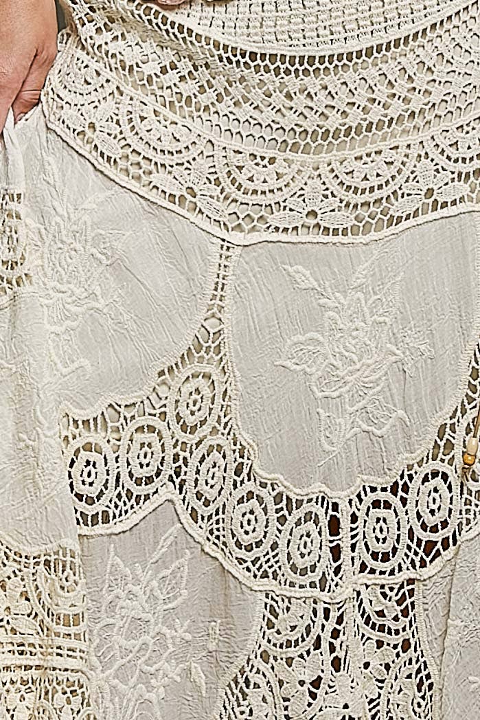 Crochet Embroidered Maxi Skirt in earthy boho tones for coastal hippie style