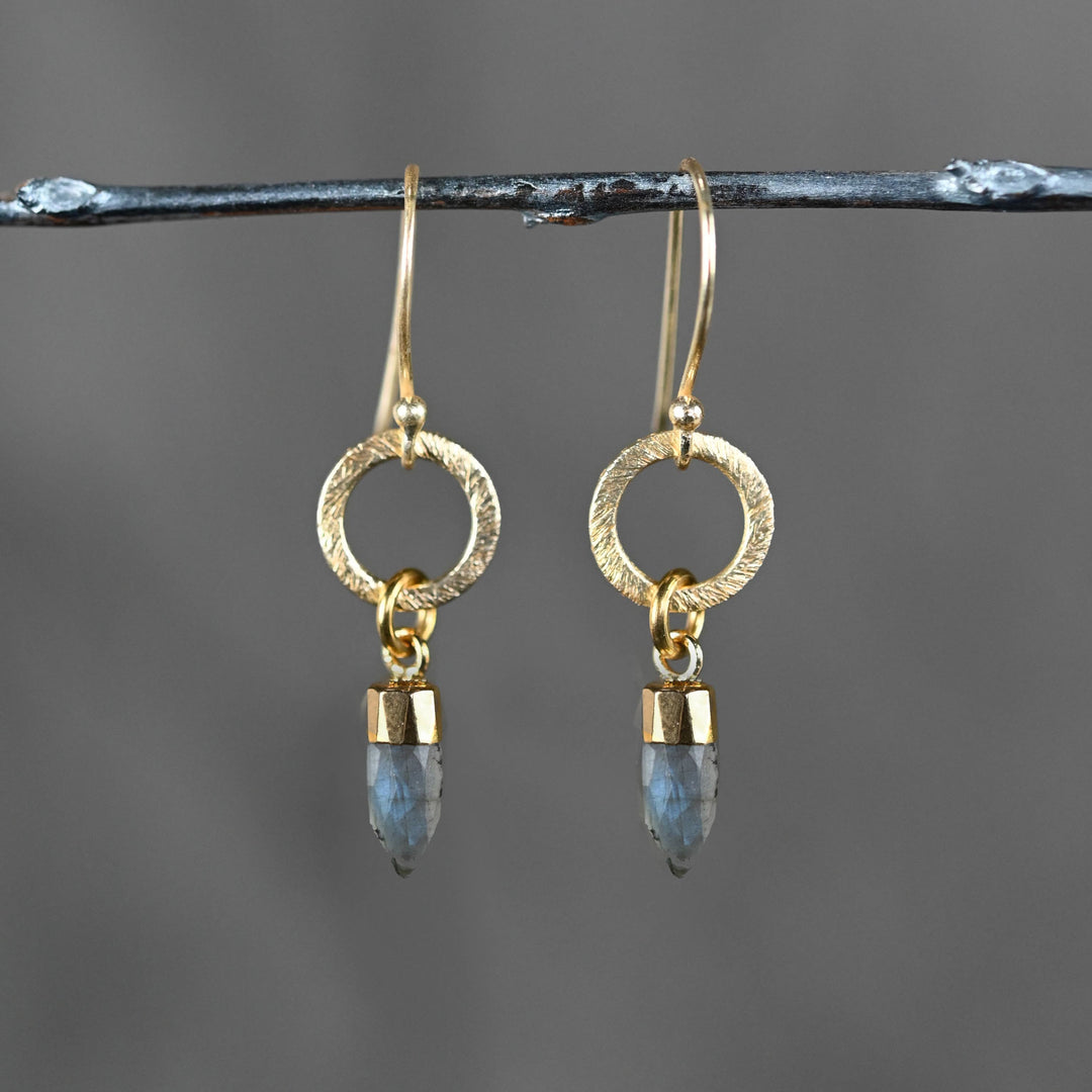 Brushed gold circle crystal point dangle earrings handmade boho coastal healing jewelry