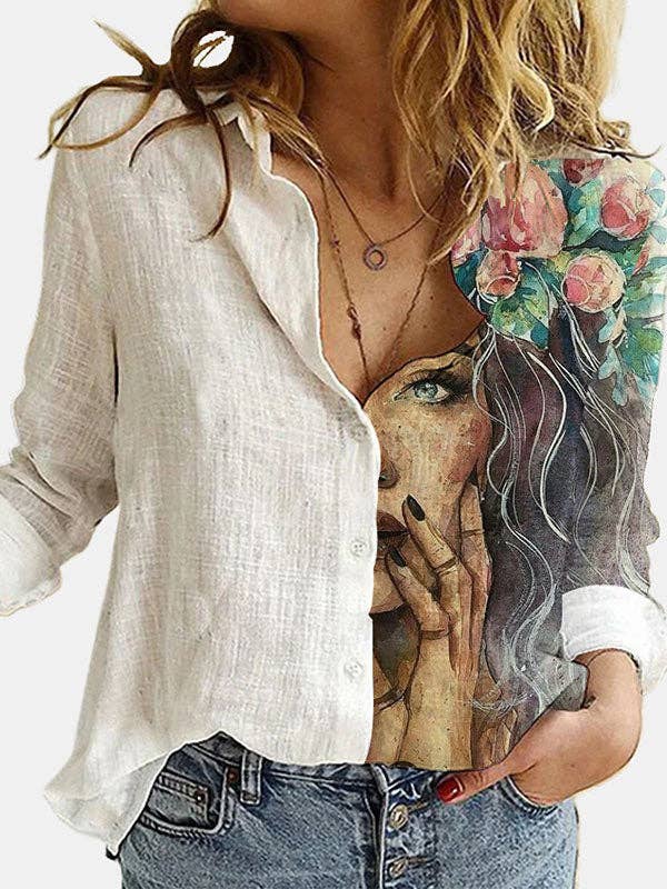 Asymmetric Floral Printed Lapel Long Sleeve Blouse Top in loose coastal boho style