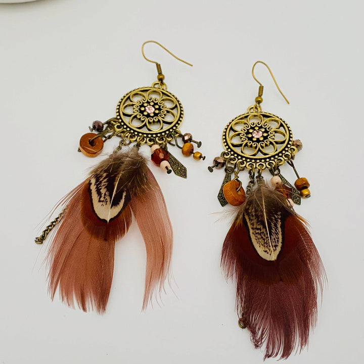 Bohemian vintage flower-shaped feather earrings with a free-spirited coastal hippie charm