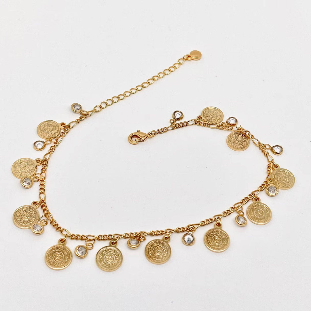 Rhinestone Circular Pendant 18K Gold-plated Chain Anklet