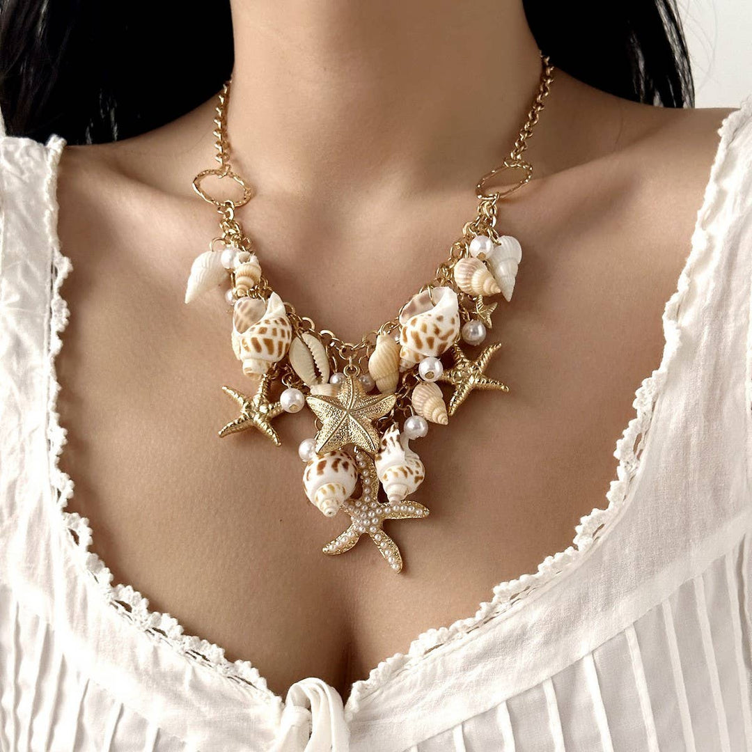 Starfish Seashell Pearl Beach Necklace with coastal boho layering style handcrafted ocean charm