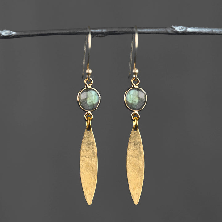 Brass hammered marquise labradorite blue drop earrings handcrafted boho coastal spiritual jewelry