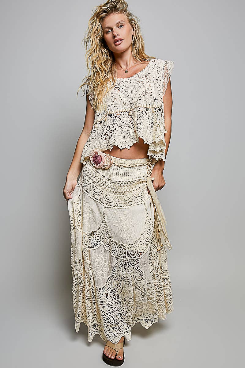 Crochet Embroidered Maxi Skirt in earthy boho tones for coastal free spirits