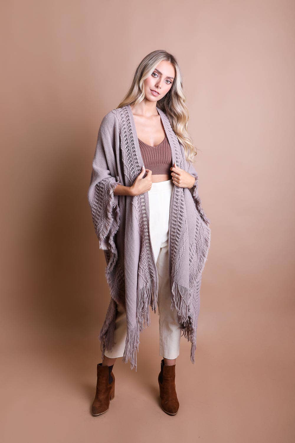 Frayed Border Bohemian Ruana Kimono Sweater