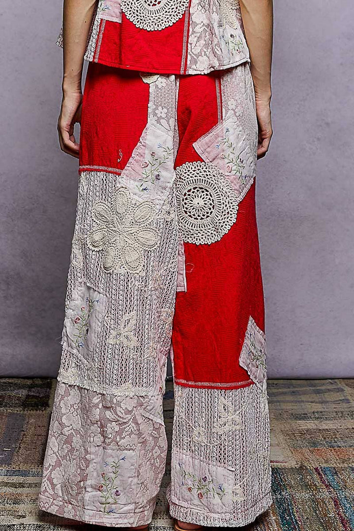 Lace Patch Detail Woven Pants in relaxed coastal boho style for everyday wear