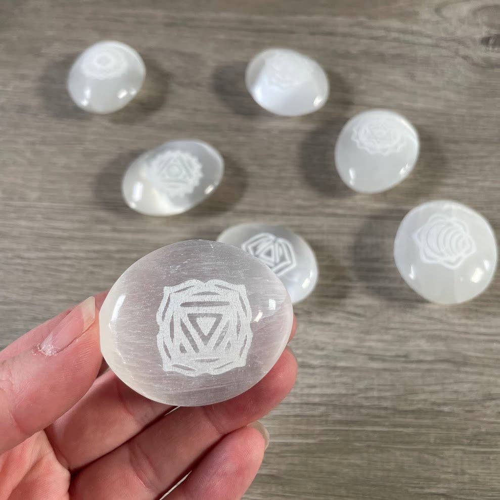 Selenite Small Palm Stones – Etched Chakra Symbols | Set of 7