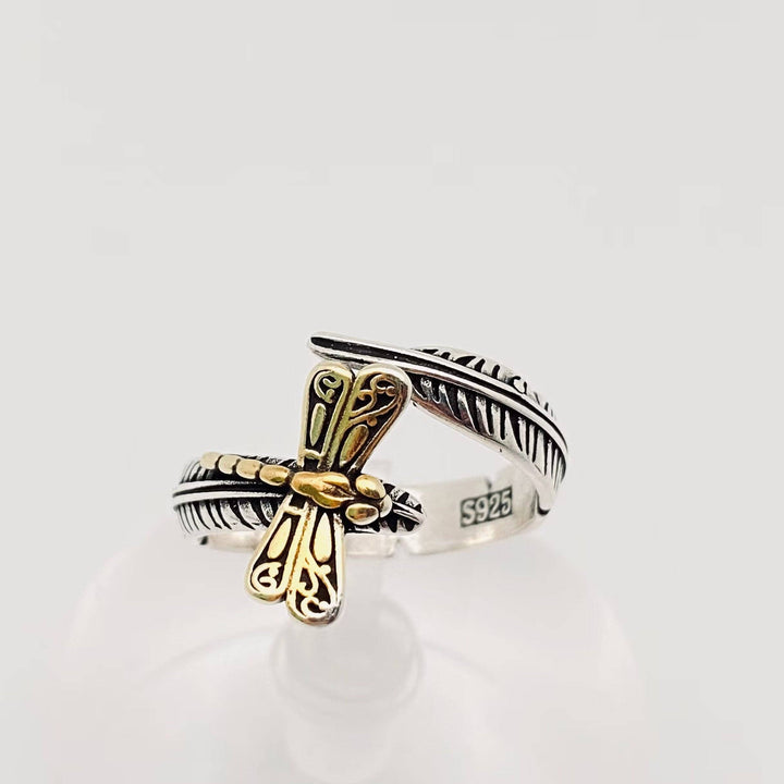 Silver plated feather gold dragonfly adjustable ring handcrafted boho coastal jewelry