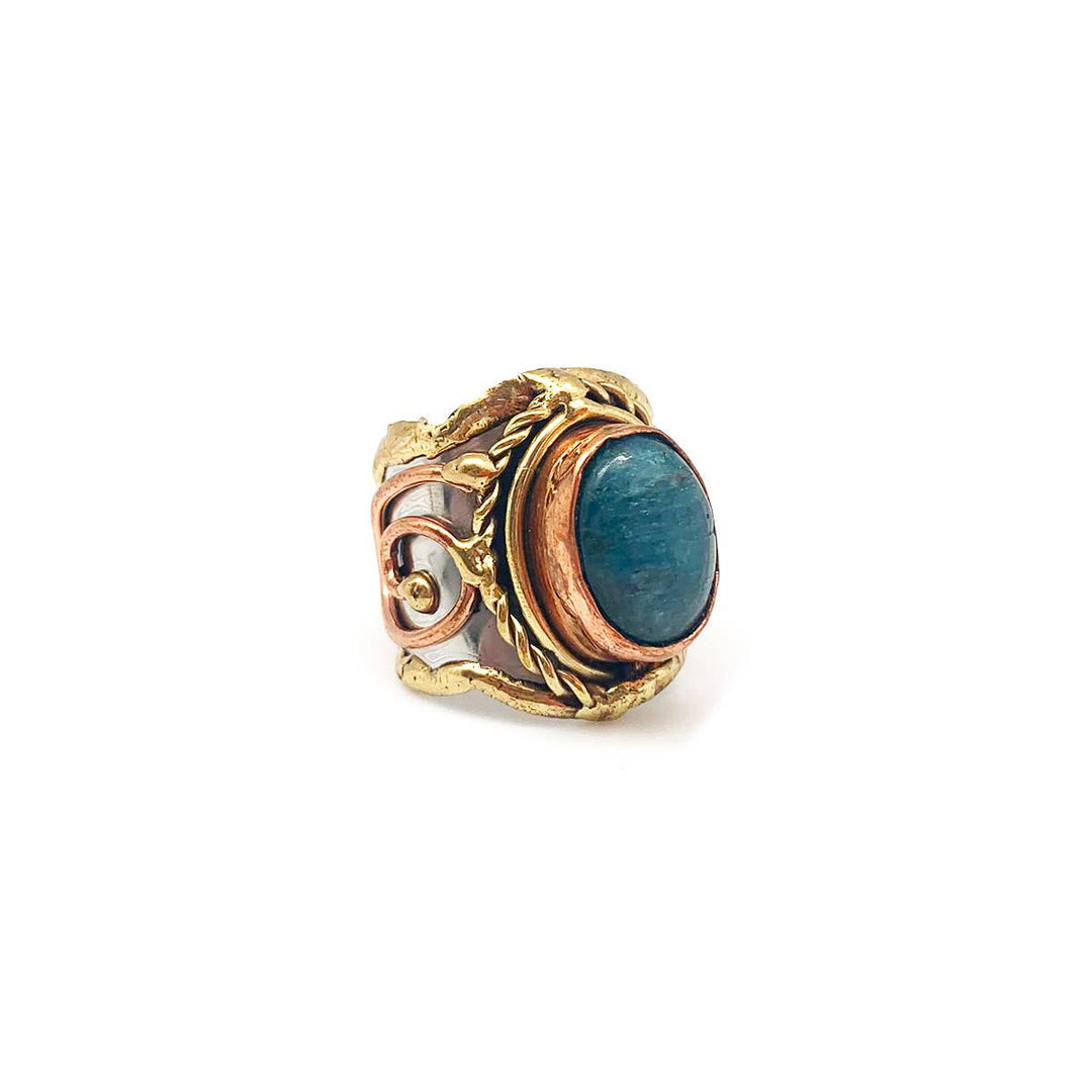 Handcrafted mixed metal and apatite stone ring with boho coastal charm