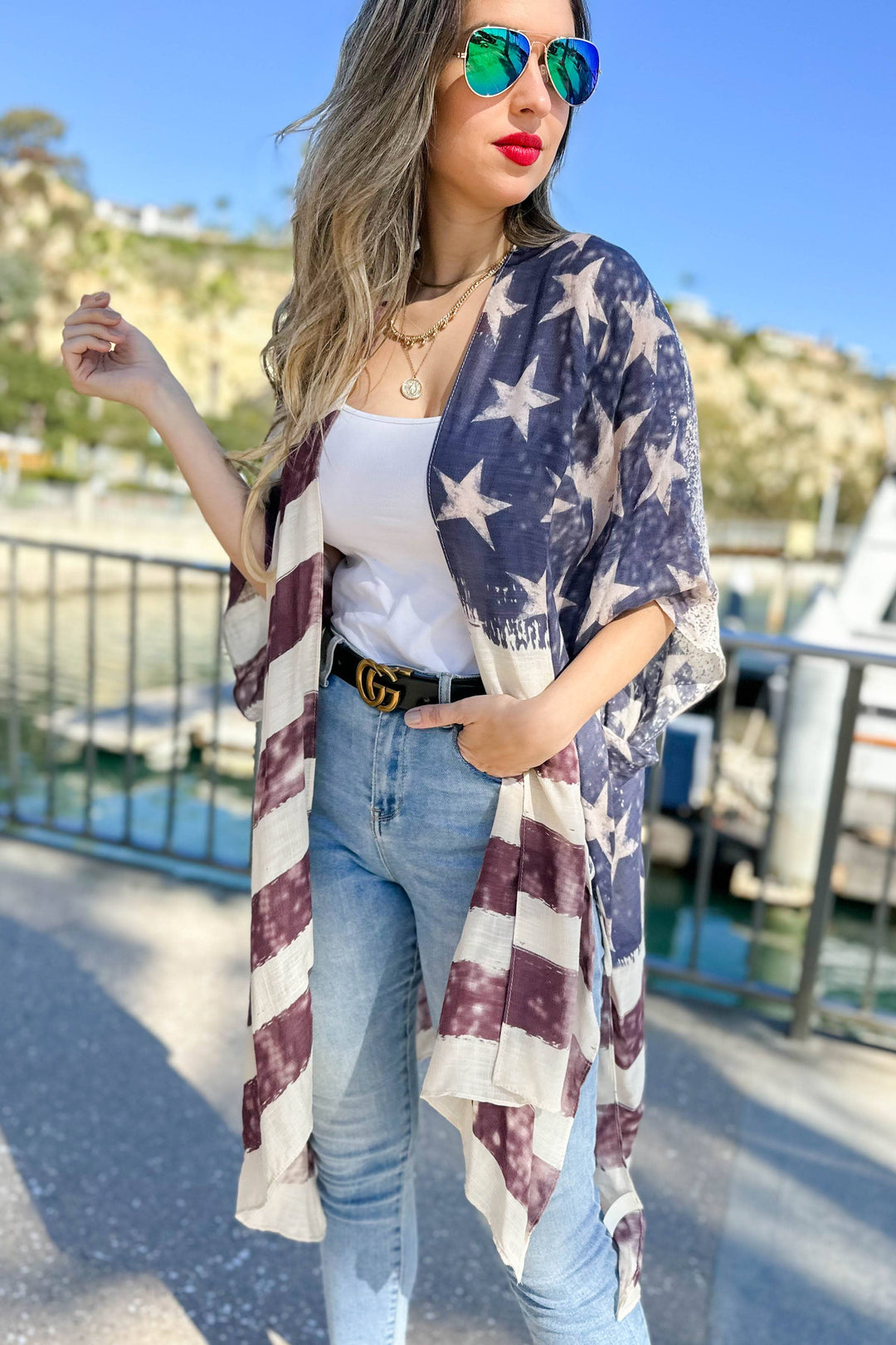 Vintage American Flag Printed Kimono Cover Up for boho coastal Fourth of July style