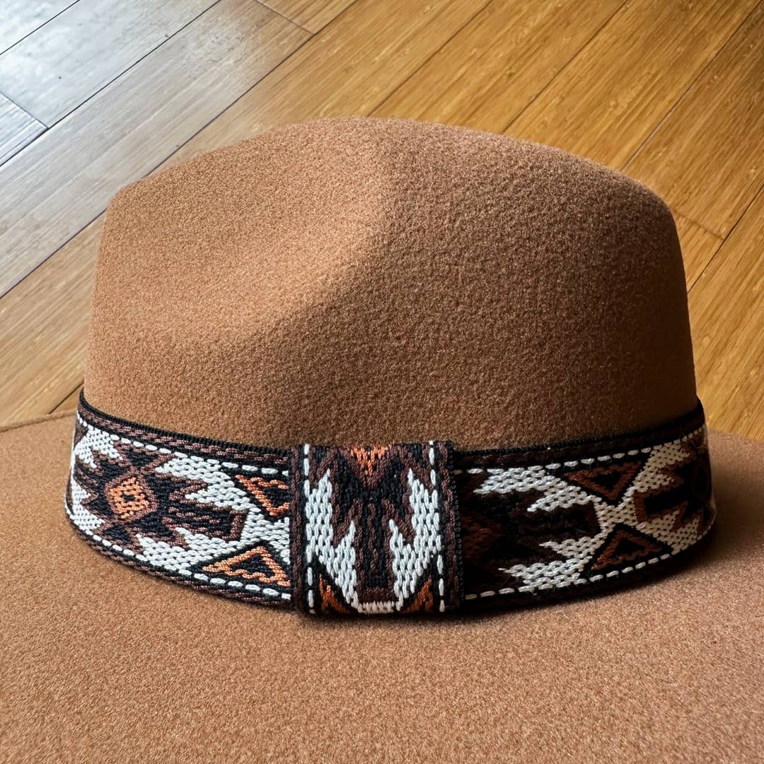 Camel Fedora with Aztec Print Ribbon in warm earth tones boho coastal style