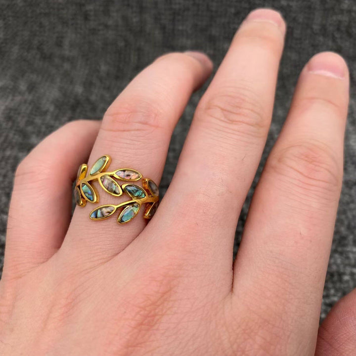 Abalone Shell Leaf Ring in 18k gold plated stainless steel with iridescent coastal charm