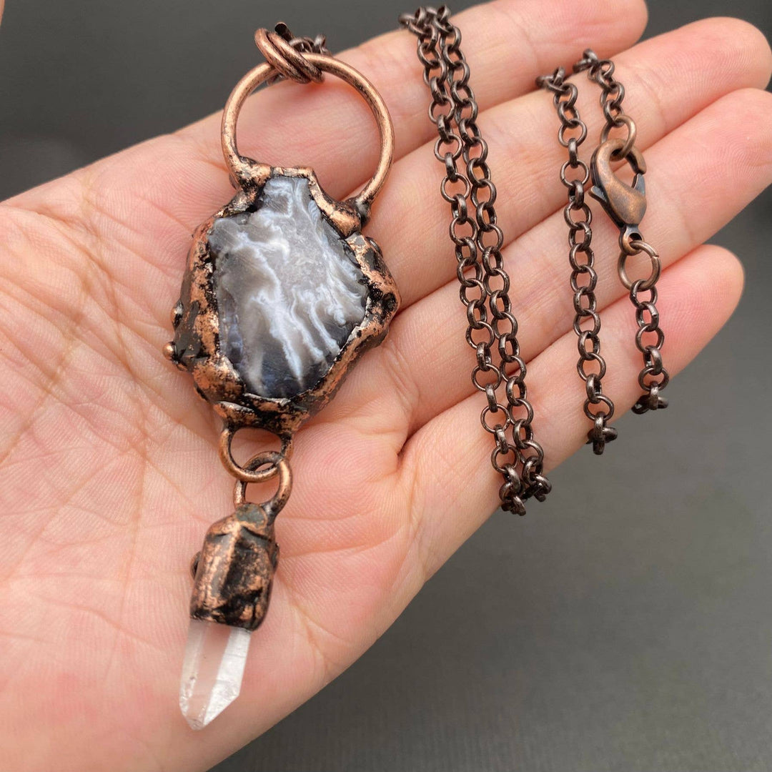 Vintage Onyx &amp; White Crystal Bronze Necklace