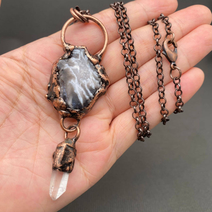 Vintage Onyx &amp; White Crystal Bronze Necklace