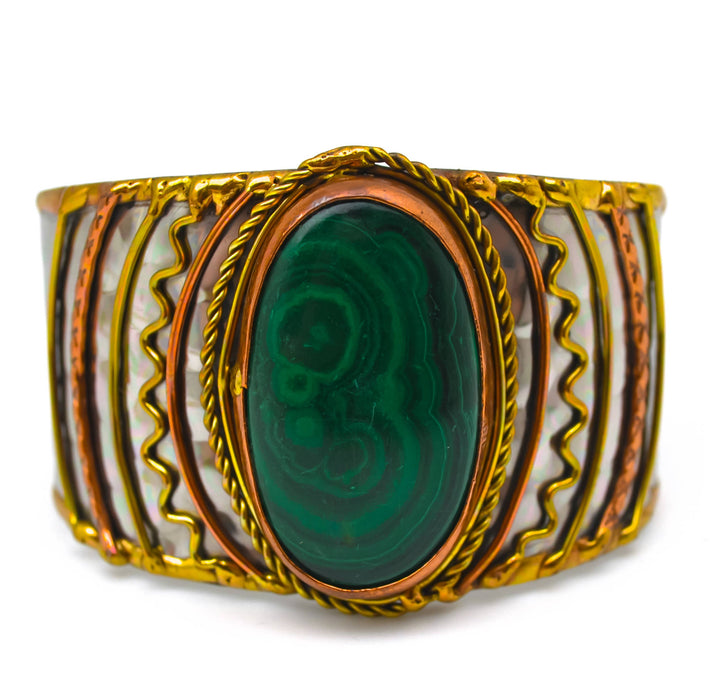 Mixed Metal and Malachite Stone Bracelet handcrafted boho coastal healing cuff jewelry