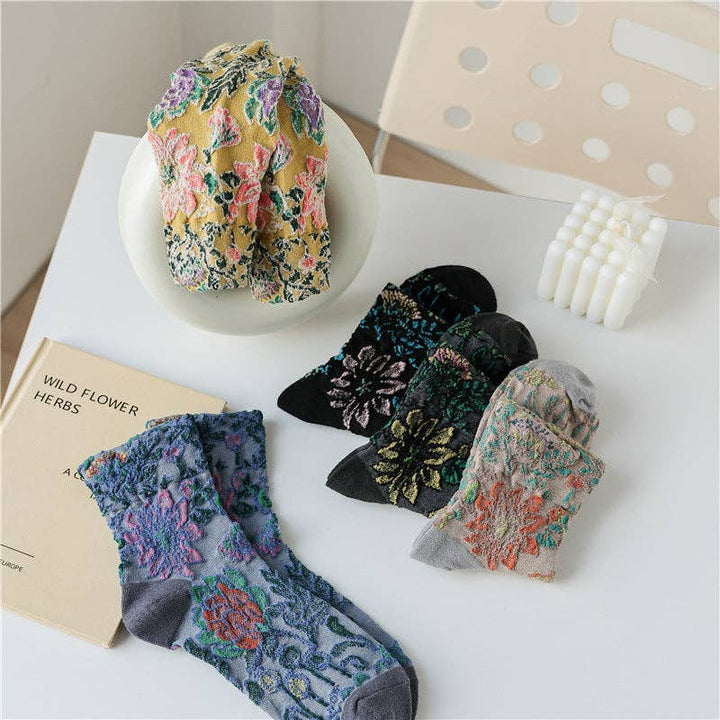 Retro Flower Pattern Mid-Calf Socks 5-Pack in boho coastal floral style