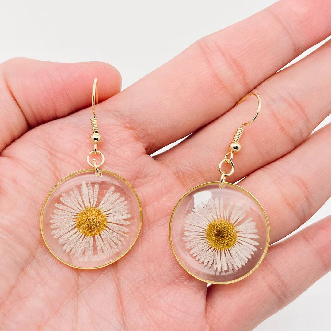 Leucanthemum Paludosum dried flower circular earrings handcrafted for the coastal bohemian soul
