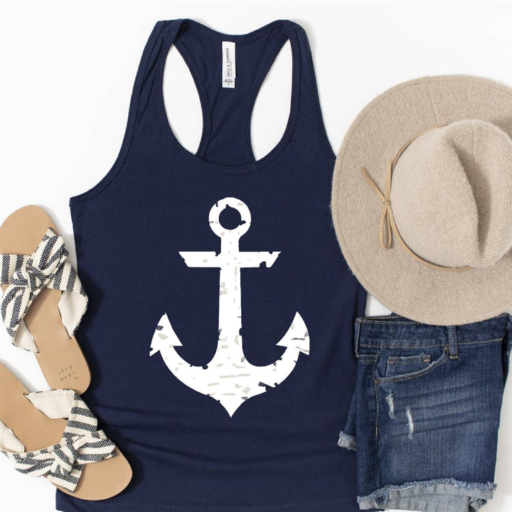 White Anchor Coastal Tank with screen print anchor design for salty boho beach days