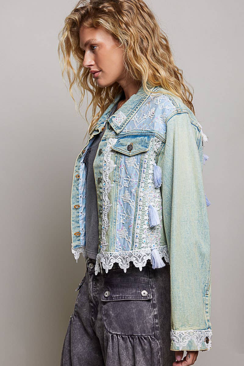 Vintage Washed Metal Button Down Embroidered Denim Jacket