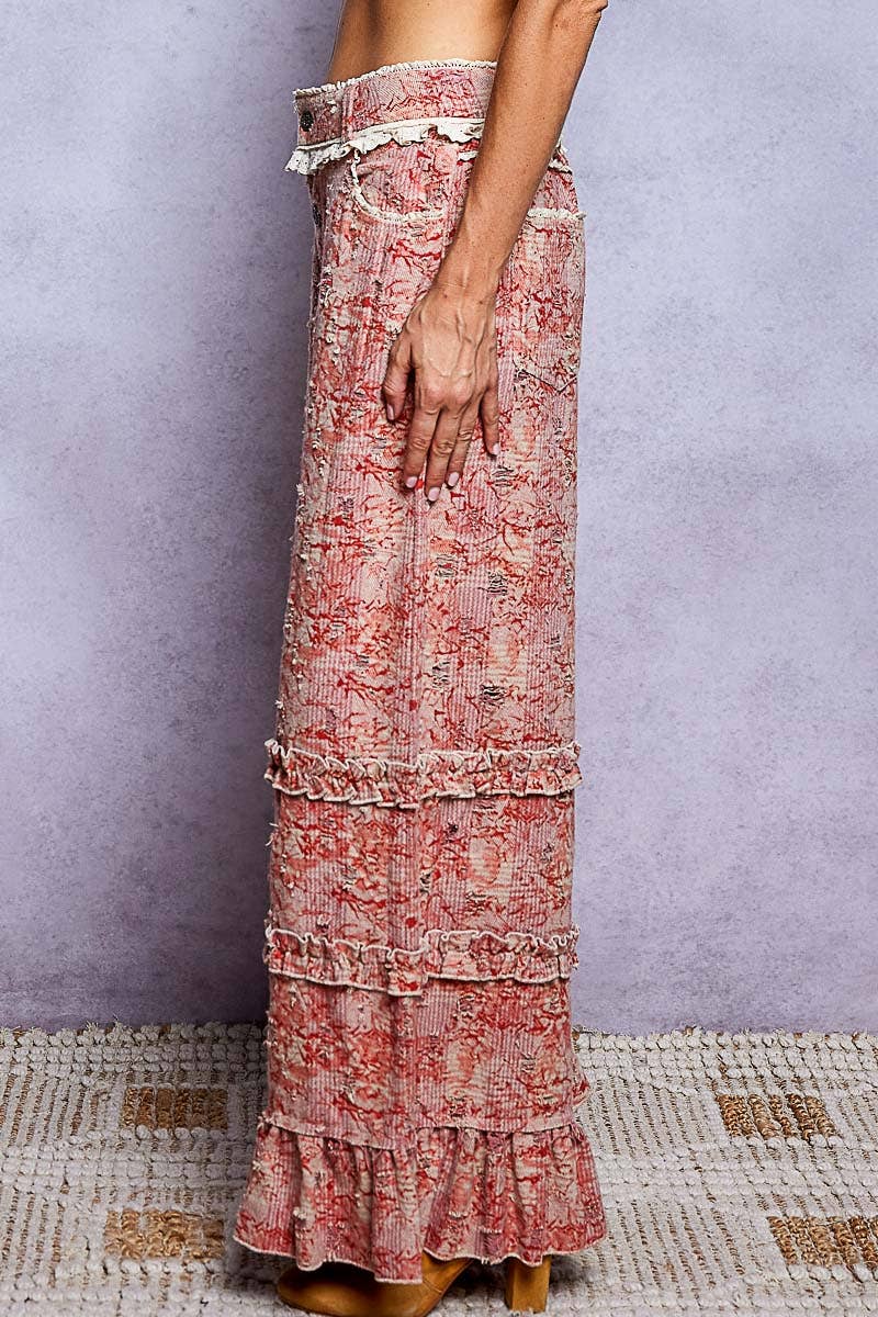 Vintage Distressed Plaid Ruffle Hem High Rise Wide Leg Pants