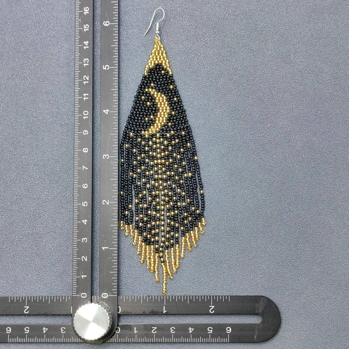 Handcrafted Star Moon Night Sky Seed Bead Tassel Earrings with celestial boho charm